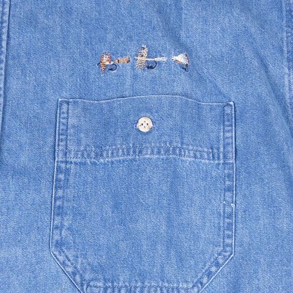 Vintage 90s Orvis Denim Shirt L Made USA Fly Fishing Embroidered Cotton Blue - Picture 3 of 9